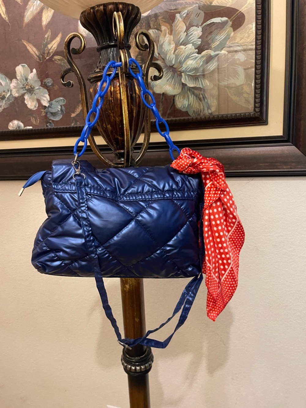 Quilted Navy Shoulder Bag with Chain Handle - Picture 8 of 16